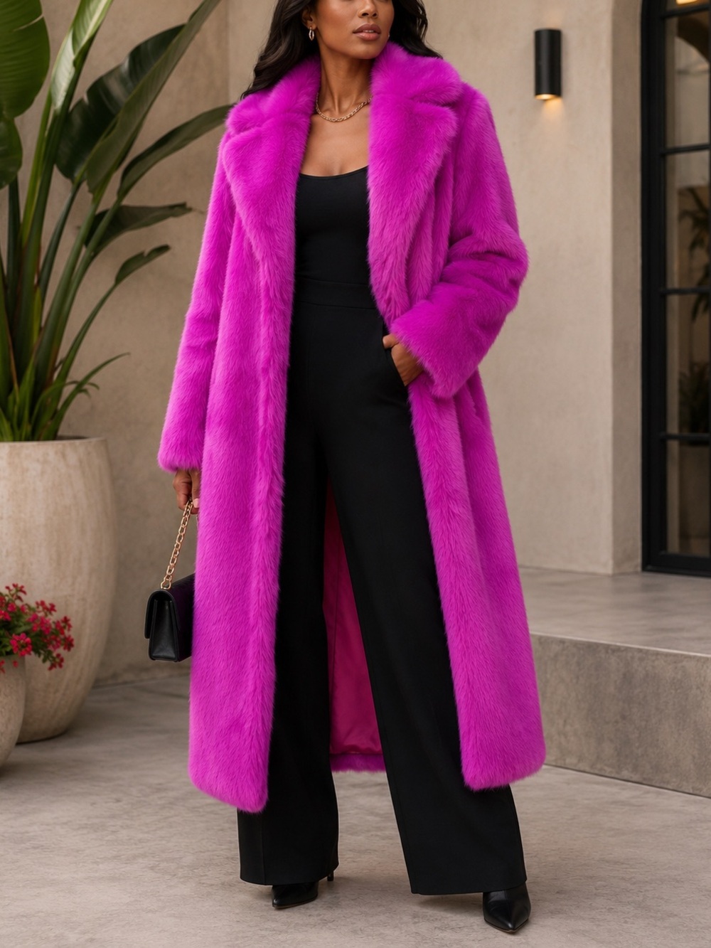 Vibrant Fuchsia Fluffy Faux Fur Overcoat, Outwear Parka Long Coat w Pockets